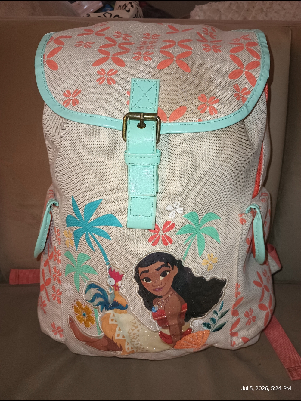 Disney Cream Backpack with Coral and Teal Accents - Moana Graphic